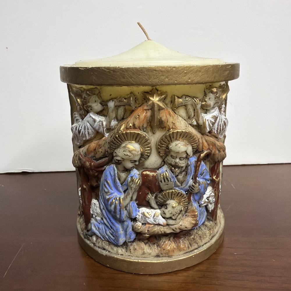 Vintage Lenox Handpainted Nativity Candle Pillar Christmas Decor 1970 Gold Trim